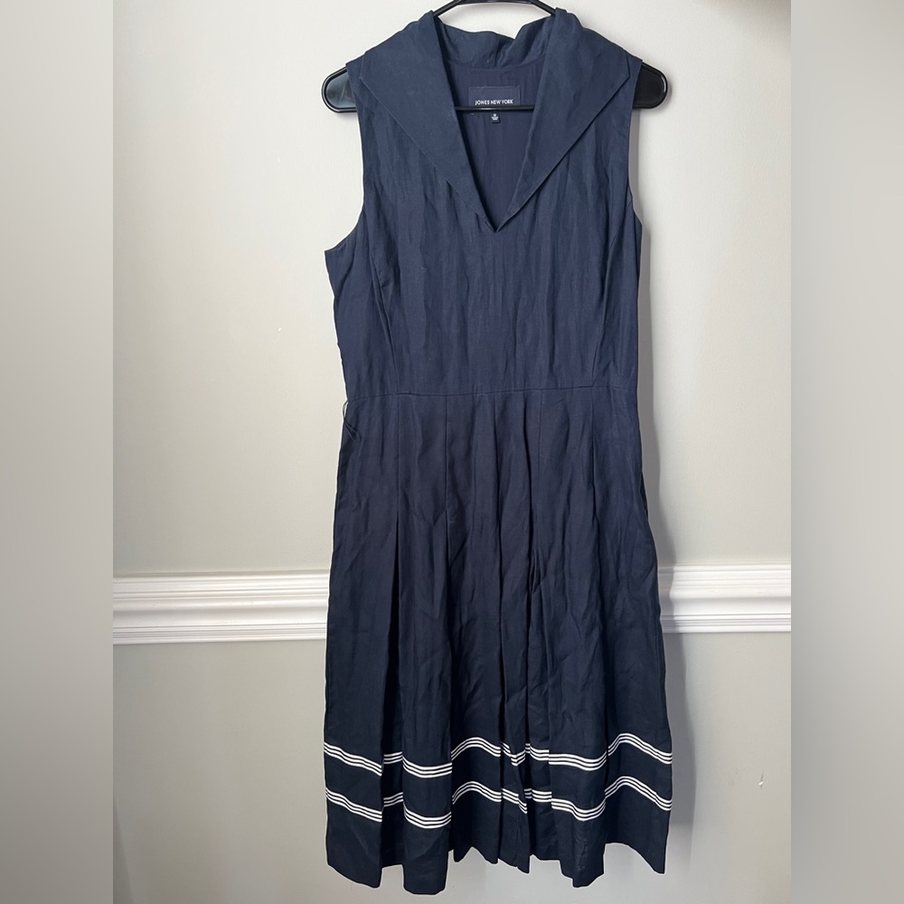 Jones New York Blue Midi Dress with Sailor Collar 100% linen